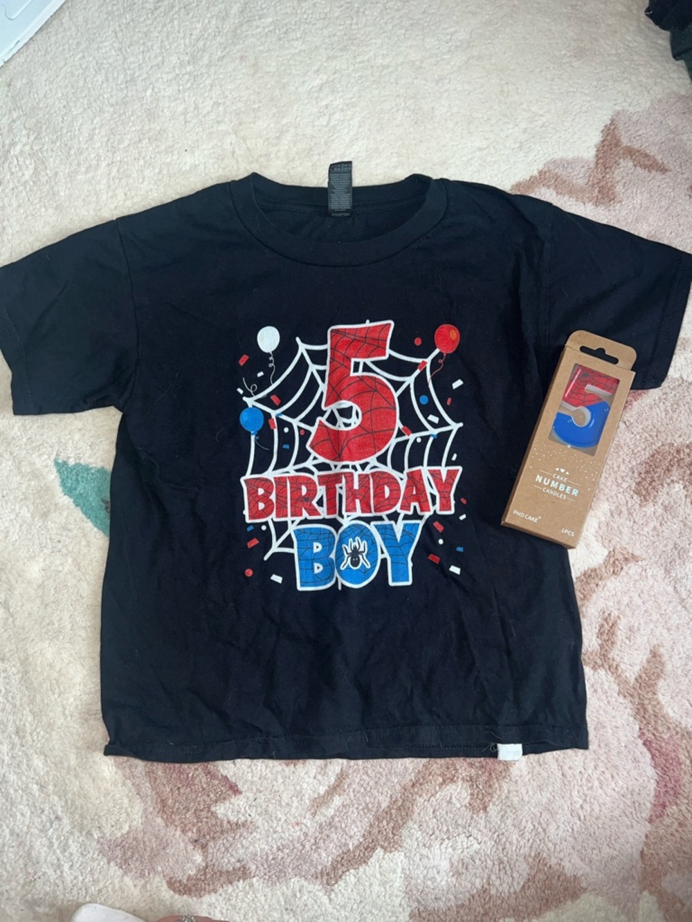 Spiderman Theme 5th Birthday “Birthday Boy” T-Shirt and Candle